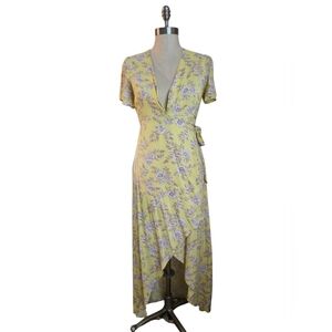 LE LIS Butter Yellow Toile Floral Midi Wrap Dress | SZ M